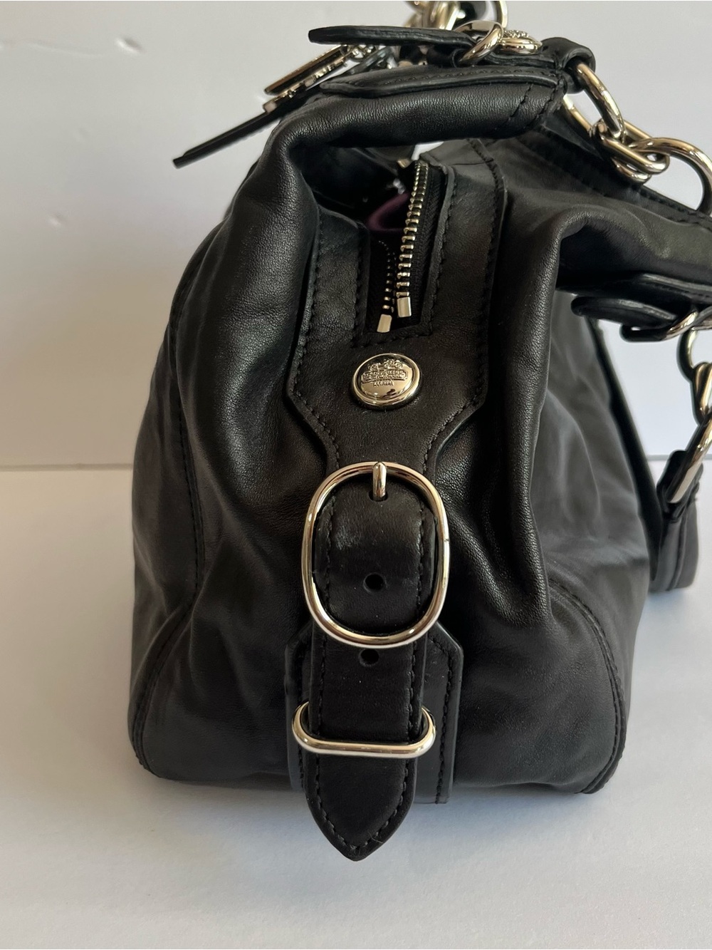 Coach Black Large Maddie Leather Shoulder Bag 3 Signature Charms Purple Satin - Picture 3 of 12